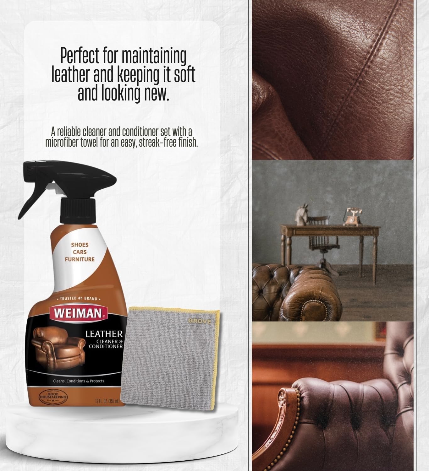 Weiman Leather Cleaner and Conditioner Couch 12 oz Liquid Bundle with Leather Wipes + Microfiber Towel – Cleans, Moisturizes, and Protects Surfaces from UV Damage – Gift Set (3 Items)