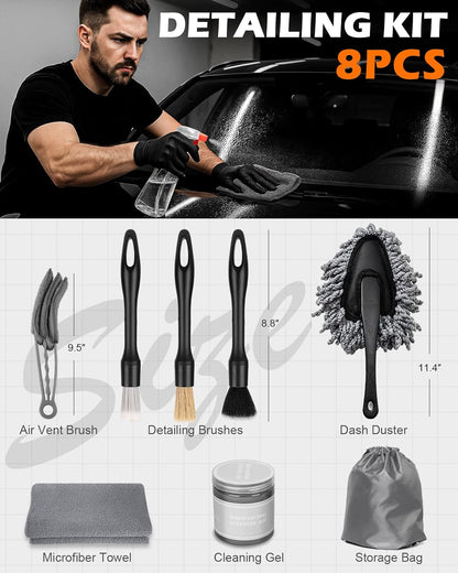 8PCS Car Interior Detailing Kit - 200g Cleaning Gel (185% More Than 70g), Ultra-Soft Detailing Brush Set, Dash Duster, Air Vent Brush, Microfiber Towel | Car Cleaning Supplies Gift for Men