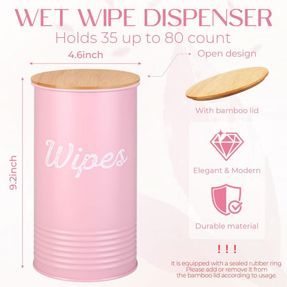 Wipe Holder with Bamboo Lid for Kitchen Disinfectant Wipes Dispenser Farmhouse Countertop Sanitizing Wipe Metal Storage Container Organizer Caddy Bathroom Office up to 80 Cont(Pink)