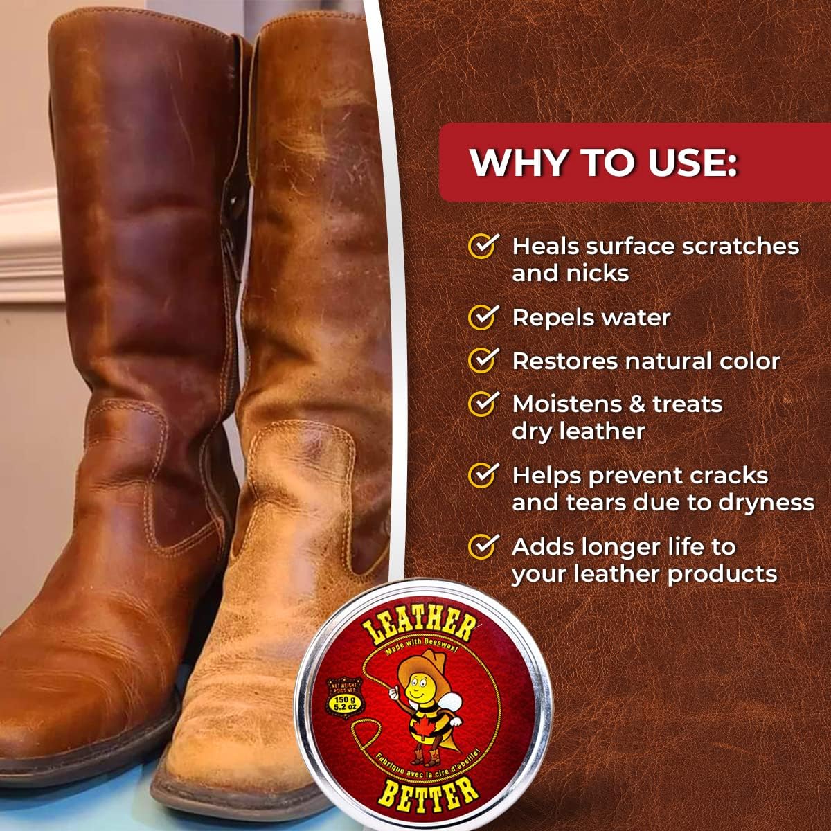 Leather Better Natural Leather Furniture Conditioner - for Boots, Shoes, Purses, Car Seats, Jackets, and Couches/Restore Moisture and Prevent Cracking / 10.04 oz
