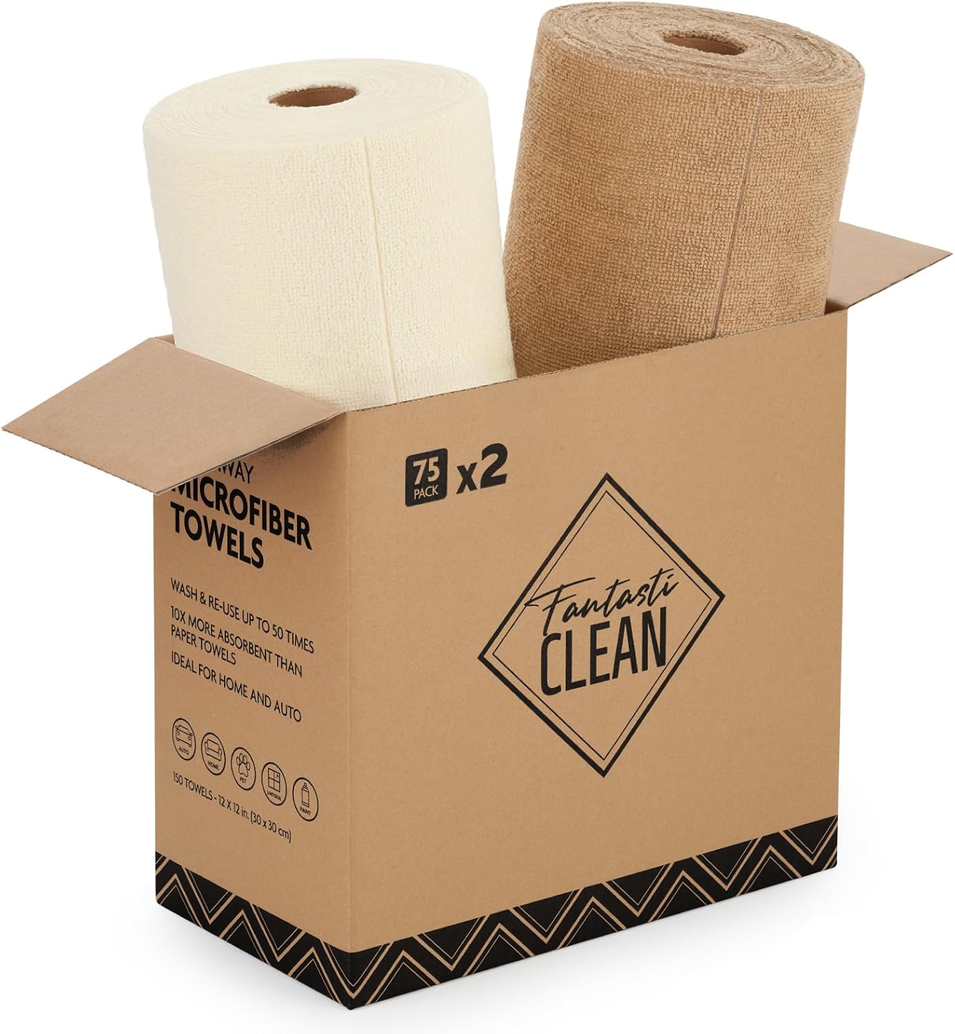 Fantasticlean Microfiber Cleaning Cloth Roll -75 Pack, Tear Away Microfiber Towels, 12" x 12", Reusable, Washable, Scratch Free, Ultra Absorbent Dishcloth for All-Around Cleaning Supplies (White)