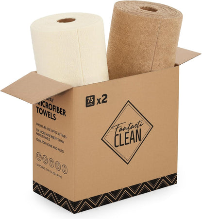 Fantasticlean Microfiber Cleaning Cloth Roll -75 Pack, Tear Away Microfiber Towels, 12" x 12", Reusable, Washable, Scratch Free, Ultra Absorbent Dishcloth for All-Around Cleaning Supplies (White)