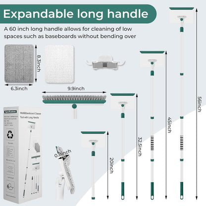 Baseboard Cleaner Tool with Handle, 60" Extendable Long Handle Baseboard Cleaner with 5 Reusable Pads for Baseboards Cleaning, Ceiling, Wall, Floor, Bathroom Kitchen