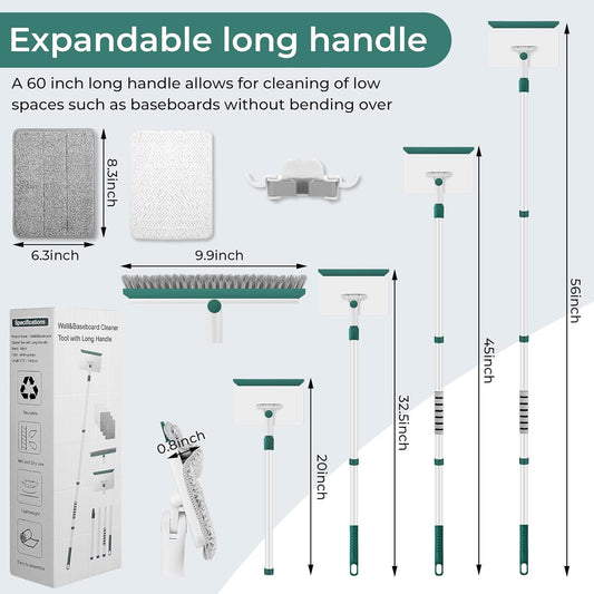Baseboard Cleaner Tool with Handle, 60" Extendable Long Handle Baseboard Cleaner with 5 Reusable Pads for Baseboards Cleaning, Ceiling, Wall, Floor, Bathroom Kitchen