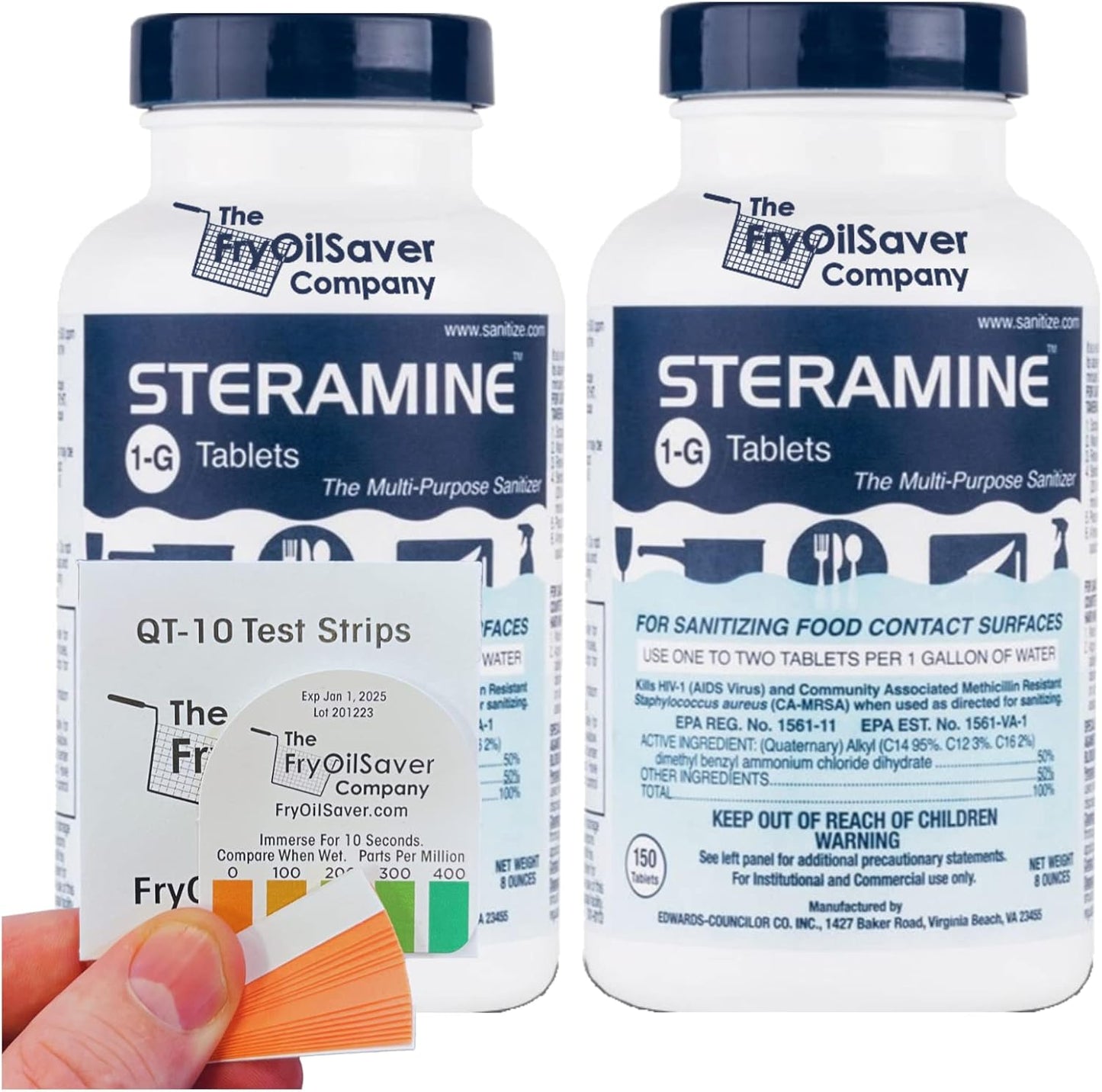 1 Bottle Steramine Sanitizer Tablets w/15x QT-10 Test Strips - Multi Purpose Steramine Sanitizing Tablets for Food Contact Surface, Kitchen, Restaurant, Food Service by FryOilSaver (150 Count)