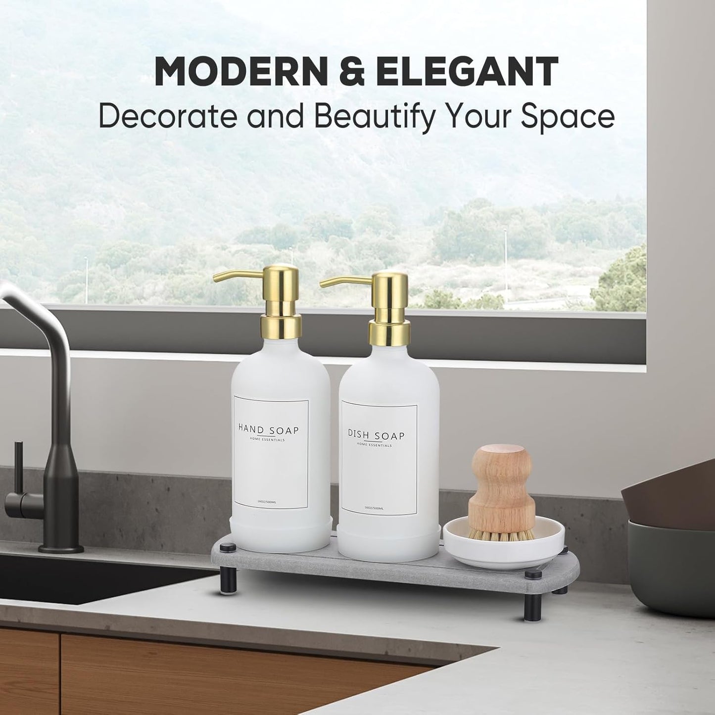 Kitchen Soap Dispenser Set with Instant Dry Tray,16 Oz Hand and Dish Soap Black Glass Dispenser Set,Stainless Steel Pump,Waterproof Labels&Dish Brush,Luxury Soap Bottle for Kitchen,Bathroom