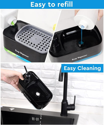 Kitchen Dish Soap Dispenser with Sponge Holder, 2-in-1 Countertop Soap Pump Dispenser, Soap Dispenser for Kitchen Sink with 2-Packs Wire Dishwashing Rag,Black