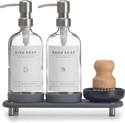 [Luxury] Kitchen Soap Dispenser Set - 16OZ Amber Glass Bottle, Stainless Steel Pump, Instant Dry Tray, Waterproof Labels, Non-Slip Silicone Pad, and Dish Brush | Upgrade for Your Kitchen and Bathroom