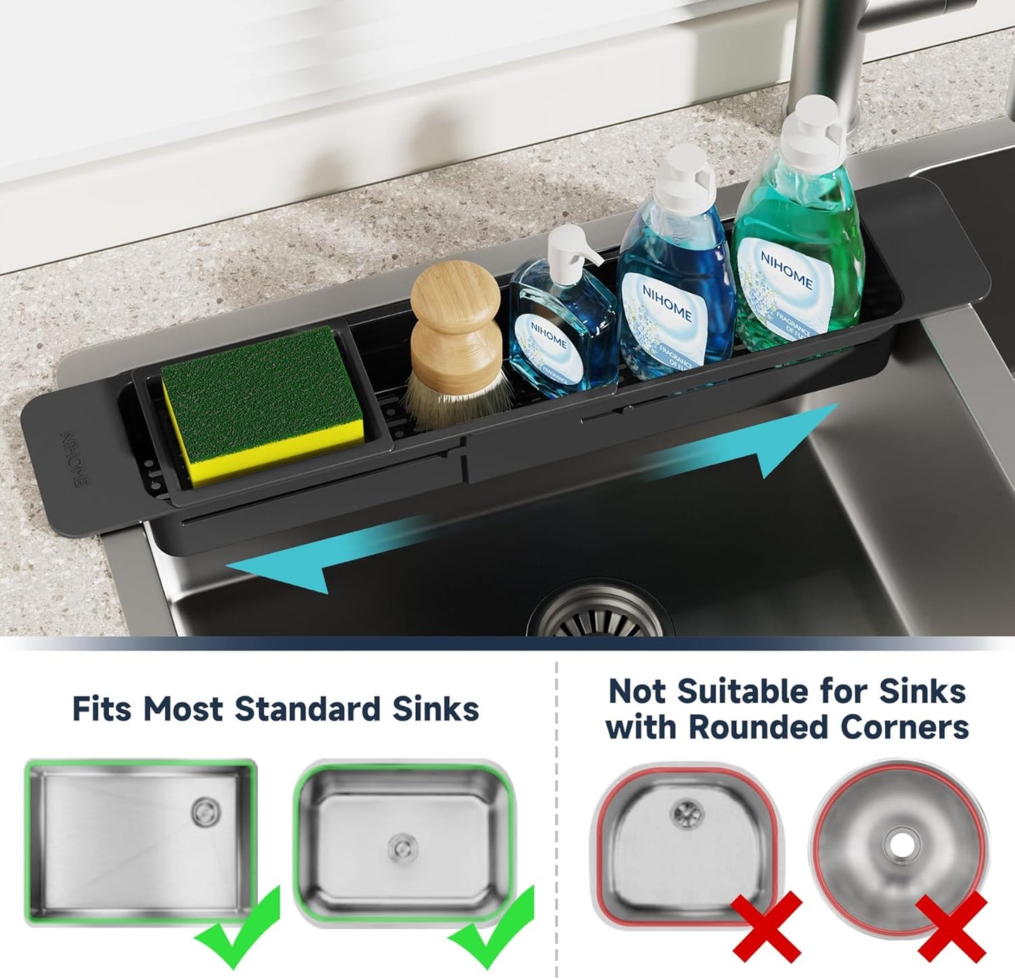 NiHome Extendable Over Sink Kitchen Organizer, Small Telescopic Brush Storage Rack for Sponge, Non-Slip Pads Expandable Sink Caddy, Adjustable Sponge/Brush Rack with Drainage Durable ABS (Black)