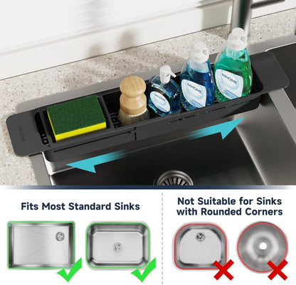 NiHome Extendable Over Sink Kitchen Organizer, Small Telescopic Brush Storage Rack for Sponge, Non-Slip Pads Expandable Sink Caddy, Adjustable Sponge/Brush Rack with Drainage Durable ABS (Black)
