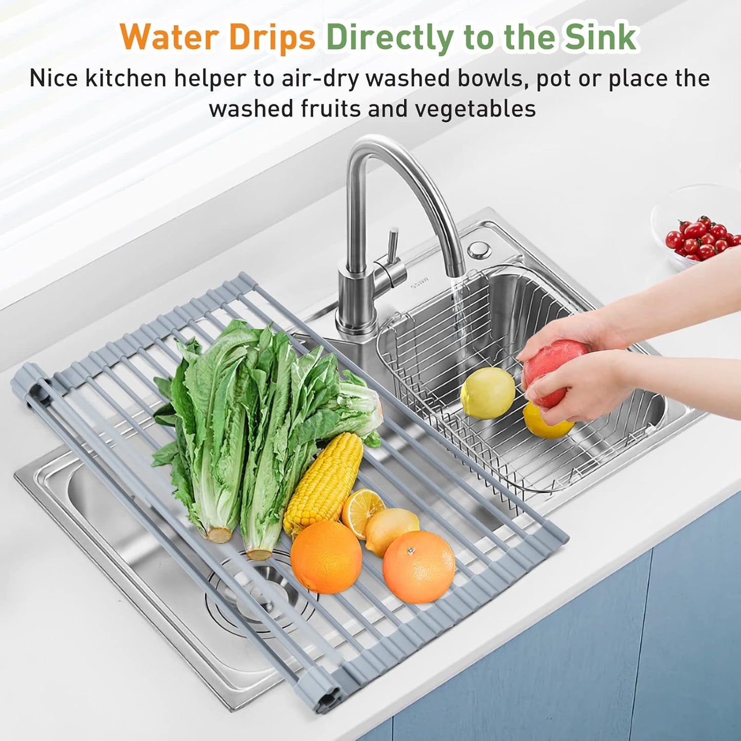 MERRYBOX Triangle Roll Up Dish Drying Rack Over The Sink, 2025 Anti-Rust Sink Drying Rack with Full Silicone Wrapped for Top of Corner, Anti-Slip Organizer for Kitchen