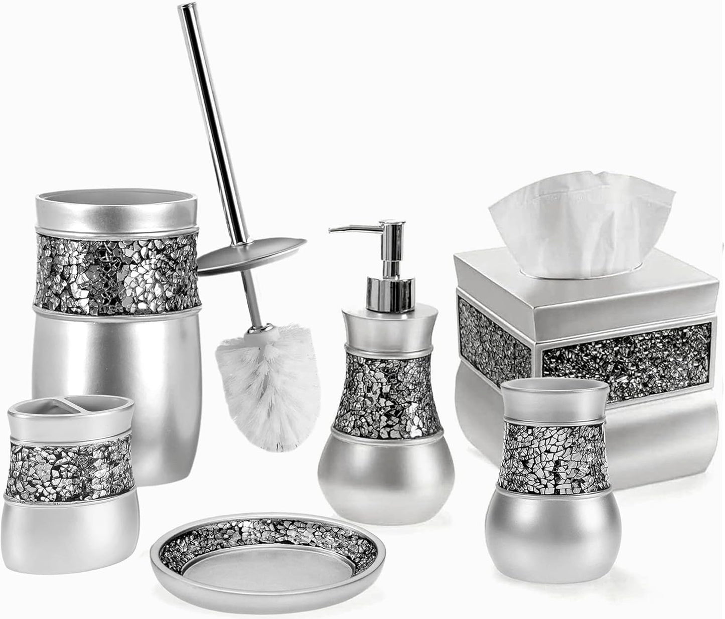 Creative Scents Crackled Glass Toilet Brush with Holder - Silver Toilet Bowl Cleaner Brush and Holder - Good Grip, Deep Cleaning, Decorative Design Compact Toilet Bowl Scrubber