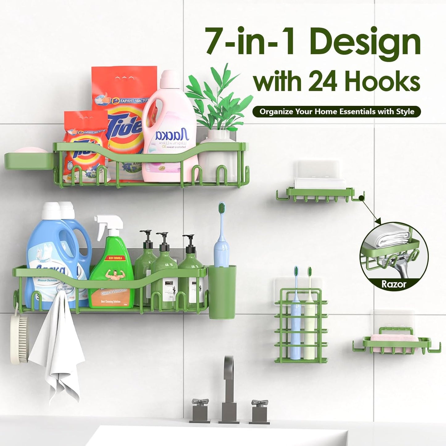 NESOMI Shower Caddy Adhesive Shower Organizer 7-Pack, Rustproof Stainless Steel Bathroom Shelves, Large Capacity No-Drill Rack Storage Accessories with Soap Dish Toothbrush Holder &24 Hooks Home Decor