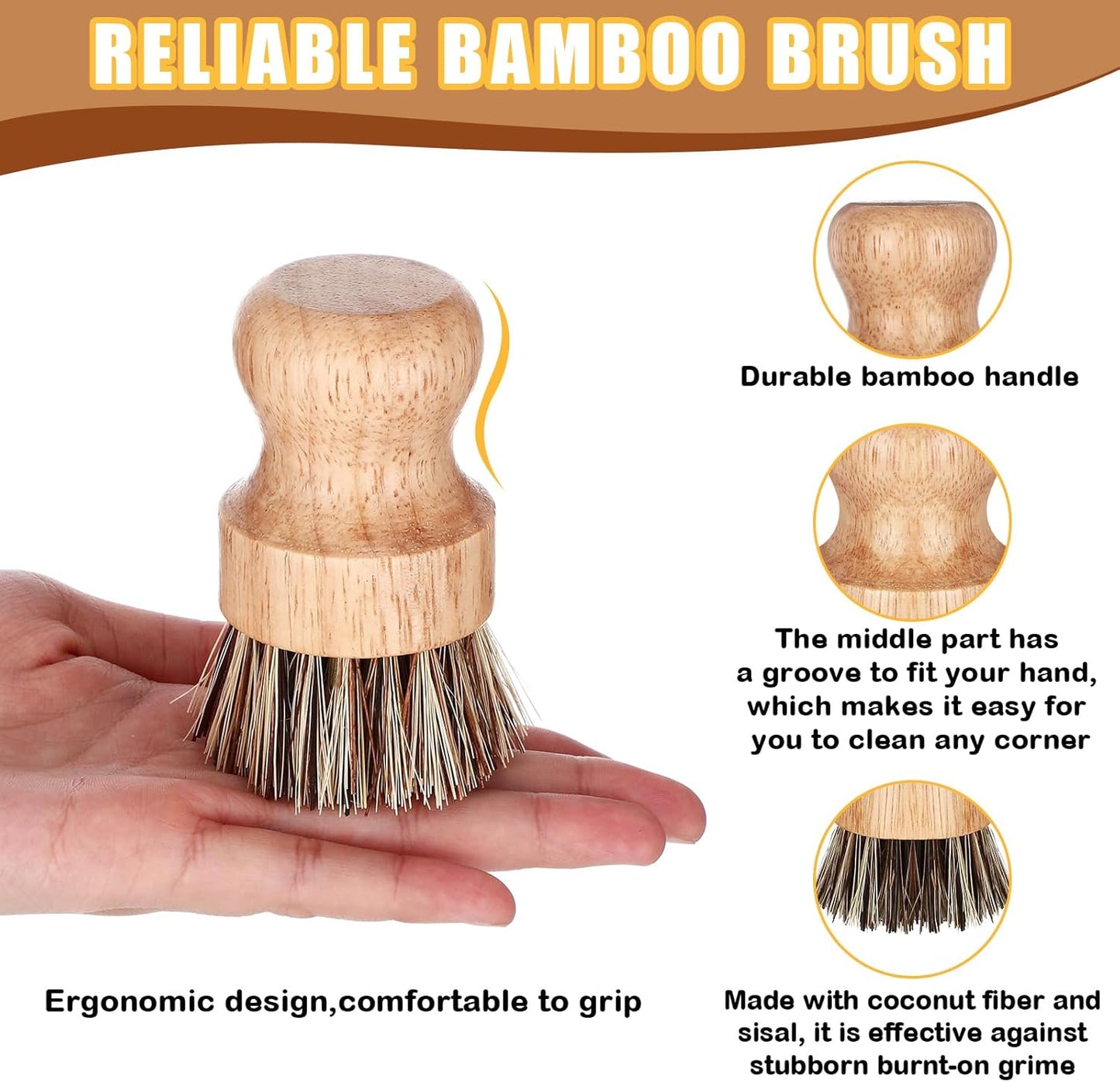 Nuenen 12 Packs Bamboo Dish Scrub Brushes Wooden Scrubbers Set Kitchen Dishwashing Scrubber with Natural Sisal Bristles for Iron Pot Pan Sink(Sisal)