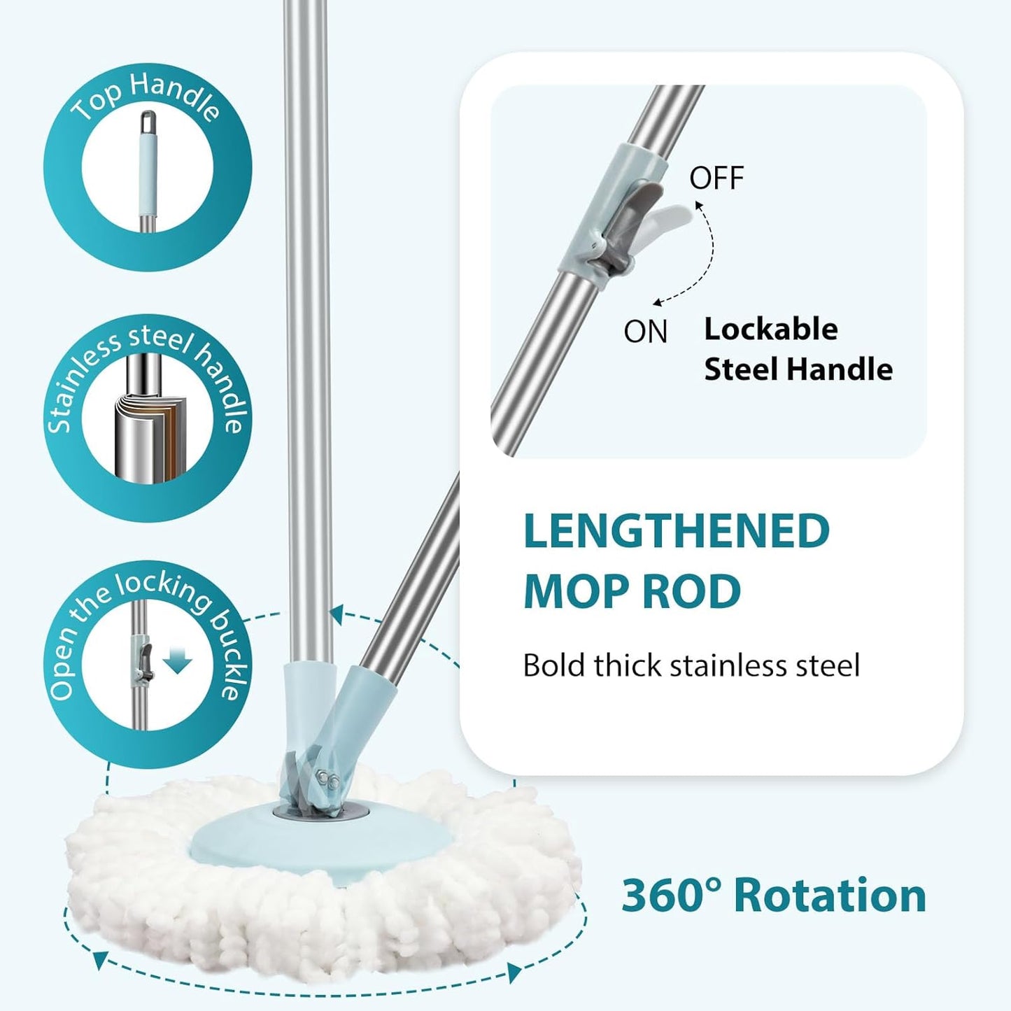 Spin Mop and Bucket with Wringer Set, Operable 360° Rotating Mop Bucket Set with 3 Microfiber Replacement Head, Stainless Steel Extended Handle for Floor Cleaning Home Office（Blue）
