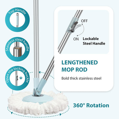 Spin Mop and Bucket with Wringer Set, Operable 360° Rotating Mop Bucket Set with 3 Microfiber Replacement Head, Stainless Steel Extended Handle for Floor Cleaning Home Office（Blue）