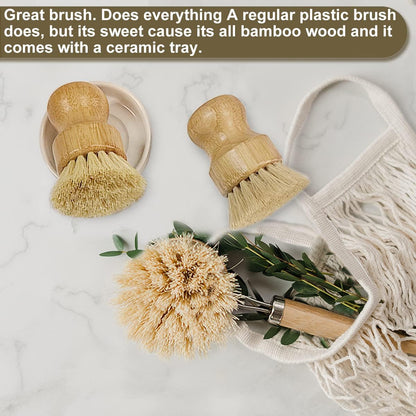 AMERWASH PLUS Dish Brush with Wooden Handle, Natural Kitchen Brush for Dishes Vegetable, Pots and Pans, Tampico Fiber Bristles Scrubber, Extra 3 Pack Replacement Head Included