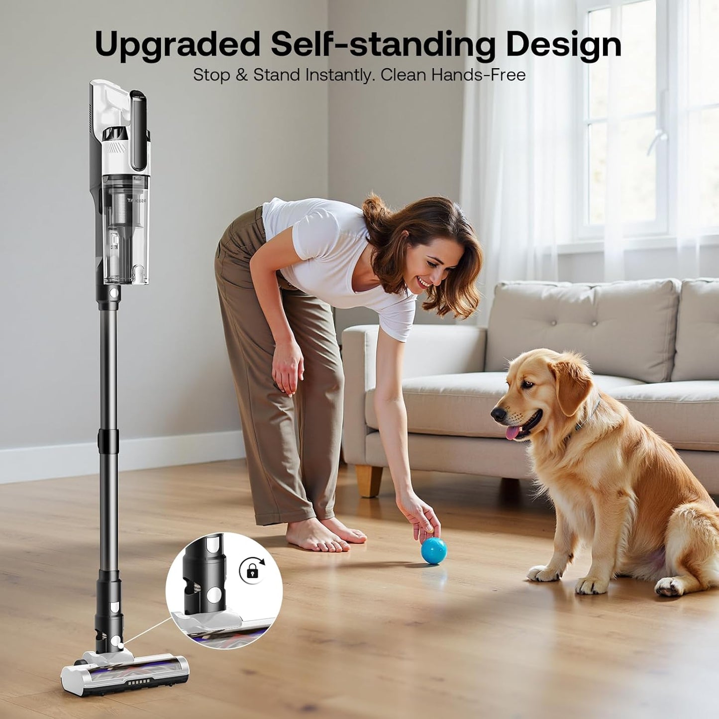Trucozie Cordless Vacuum Cleaner, Self-Standing Lightweight Stick Vacuum with 50 mins Runtime, Powerful Suction, Anti-Tangle Wireless Vacuum for Home, Hardwood Floor, Carpet, Pet Hair, Black