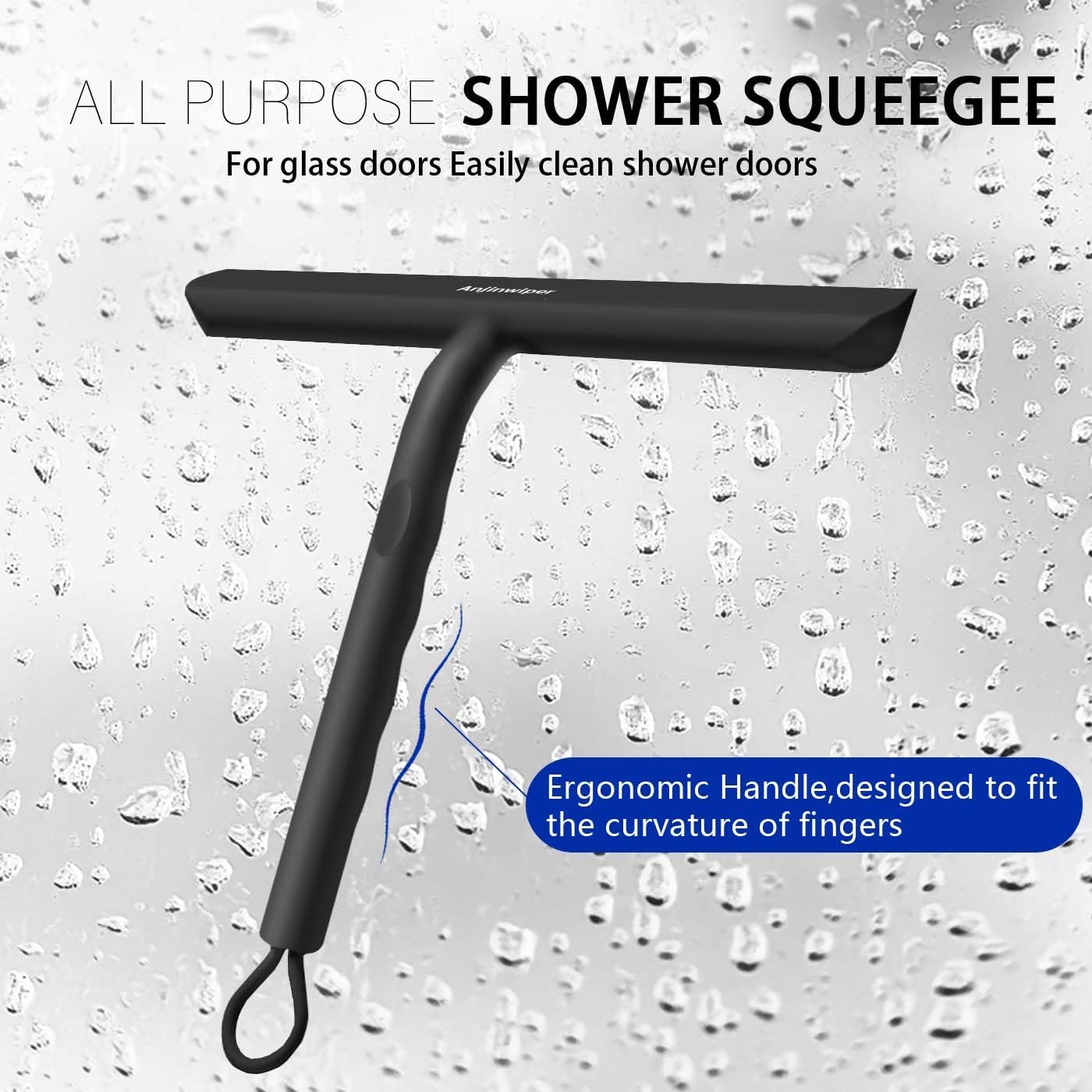Household Squeegee for Shower Glass Doors, Silicone Shower Squeegee with Adhesive Hook, Bathroom Squeegee for Shower, Window Cleaner Tool for Glass Door, Kitchen, Tile Wall(10 inch-Black)