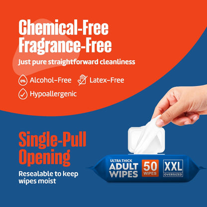 Adult Wipes for Elderly 4 Pack - Extra Large Extra Thick No-Rinse Bathing Wet Wipes for Adults - Incontinence Shower Alternative Disposable Washcloths - Fragrance-Free XXL