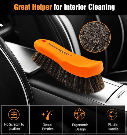 YeewayVeh 3pcs Car Detailing Brush Set, Boars Hair Detailing Brushes, Ultra Soft Detail Brush for Air Vent Leather Seat, Scratch Free Car Detailing Brushes for Interior Exterior, Orange
