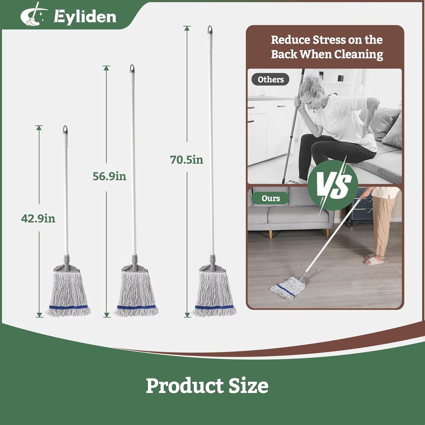 Eyliden Commercial Wet Mop with 2 Cotton Heads, Universal Clips, Heavy Duty Industrial String Mop for Floor Cleaning in Warehouse Garage Workshop Office Restaurant Hospital