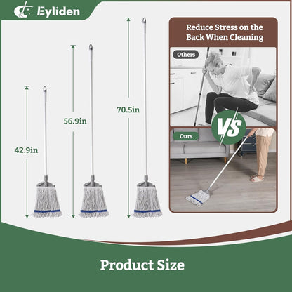 Eyliden Commercial Wet Mop with 2 Cotton Heads, Universal Clips, Heavy Duty Industrial String Mop for Floor Cleaning in Warehouse Garage Workshop Office Restaurant Hospital