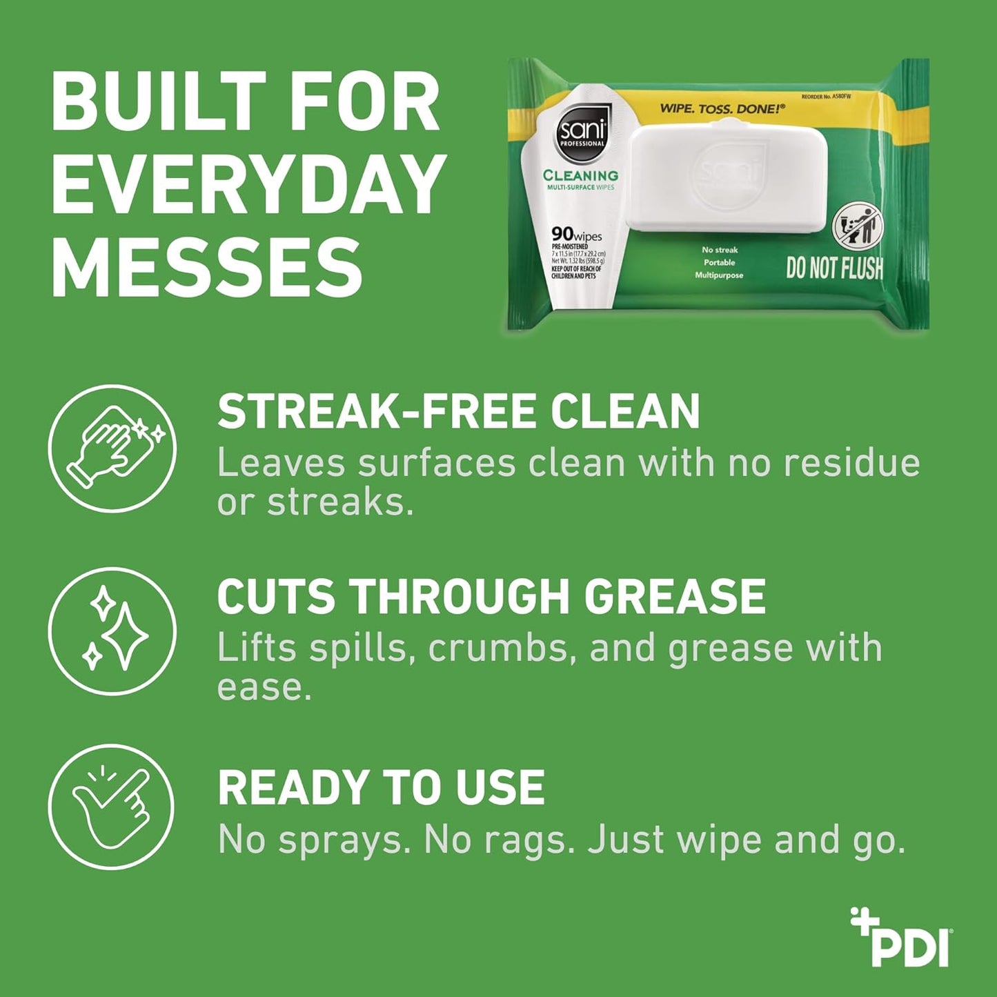 PDI Sani-Professional Cleaning Wipe, Multi-Surface, Fresh Scent, Degreasing, Non - Streak, For Kitchen, Restaurant Tables, Glass, Treated Wood, 90 Count, Pack of 12 (1080 Total Wipes)