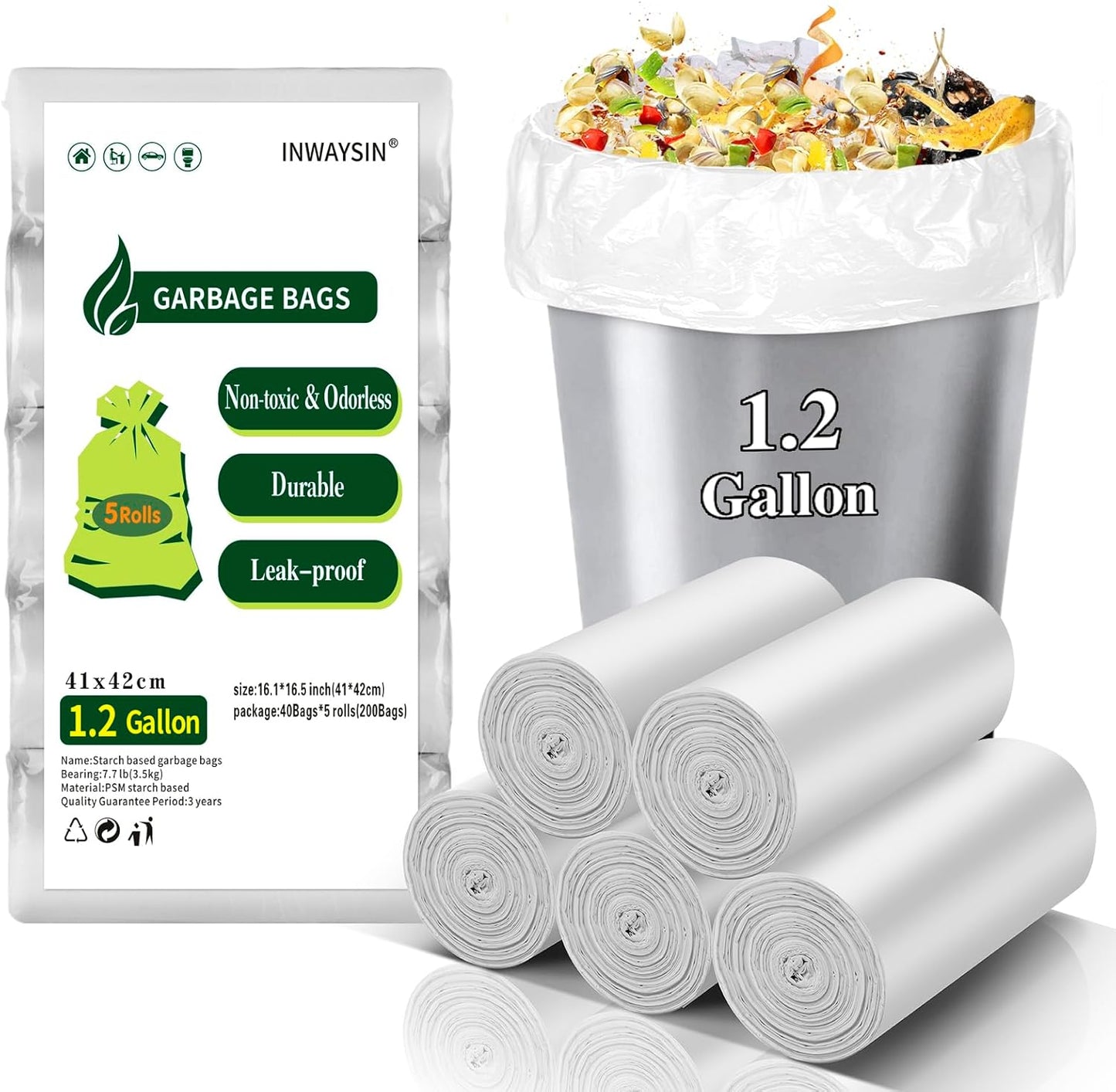 Small Trash Bags, Inwaysin Small Garbage Bags 4-6 Gallon Biodegradable Can Liners Thicken, Size Expanded, White 200 Counts