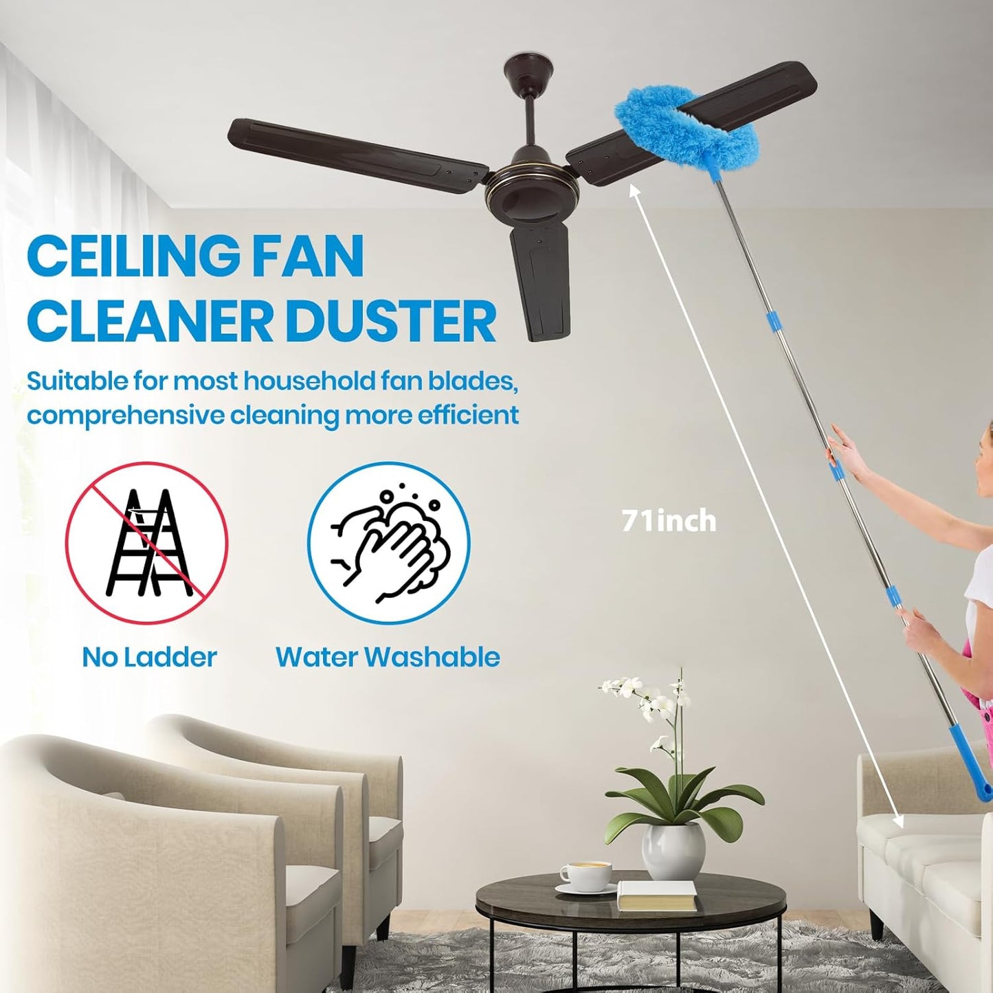 Ceiling Fan Cleaner Duster Kit 72 Inch Ceiling Fan Duster Extension Pole 8-in-1 Microfiber Duster Set for High Ceilings, Fan Blades, and Lights Reusable Cleaning Tools with Storage Bag