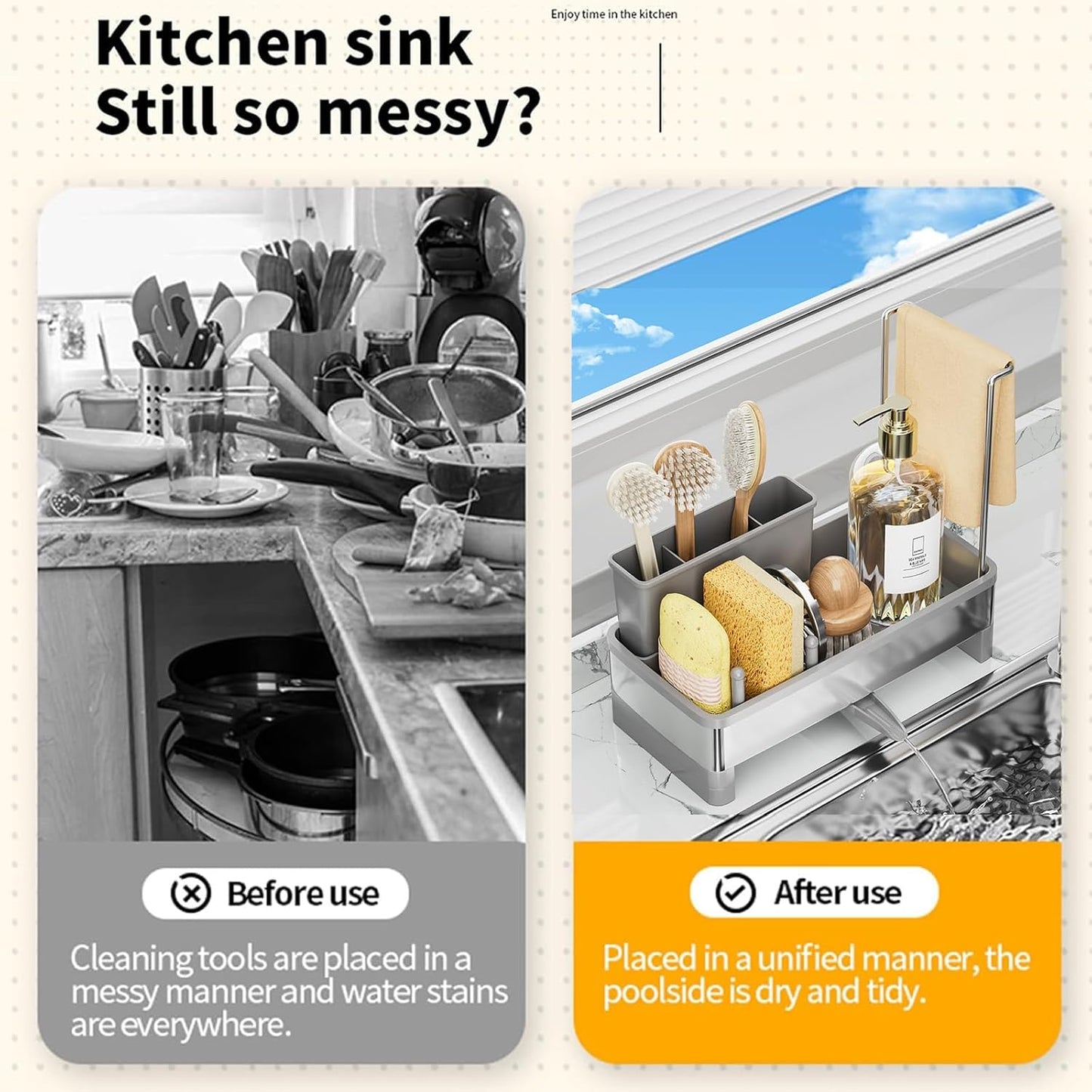 Sponge Holder for Kitchen Sink,Sink Caddy Organizer with Removable Brush Holder,Kitchen Countertop Soap Dispenser Storage with Detachable Towel Rack,Black