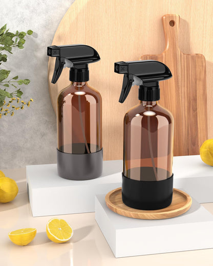 Bontip Glass Spray Bottle with Silicone Sleeve Protection, Amber Glass Spray Bottle Set for Window Cleaner Aromatherapy Facial Hydration Watering Flowers Hair Care 2 Pack/16 oz (Black & Brown)