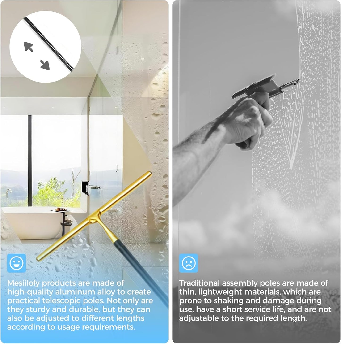 16.7“- 59.5" Long Handle Window Squeegee with Extension Pole, 12.4" Wide Metal Shower Squeegee for Glass Doors, 2-in-1 Squeegee for Home Window Cleaning, Tile Wall, Car (Silver)