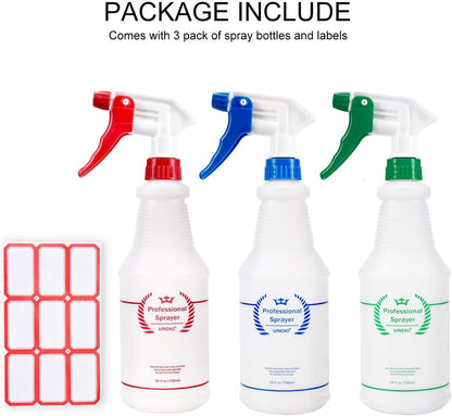 Uineko Plastic Spray Bottle (3 Pack, 24 Oz, 3 Colors) Heavy Duty All-Purpose Empty Spraying Leak Proof Mist Water Bottles for Cleaning Solutions Plants Essential Oils Hair Pet with Adjustable Nozzle
