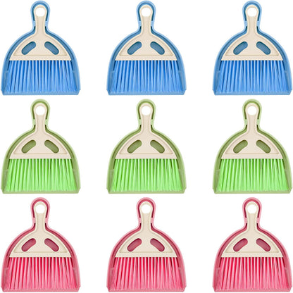 9 Pcs Small Dustpan and Brush Set Mini Broom and Dustpan Set with Handle Nesting Portable Cleaning Tools for Home Office Car Keyboard Countertop and Pet Nest (Blue Red Green)