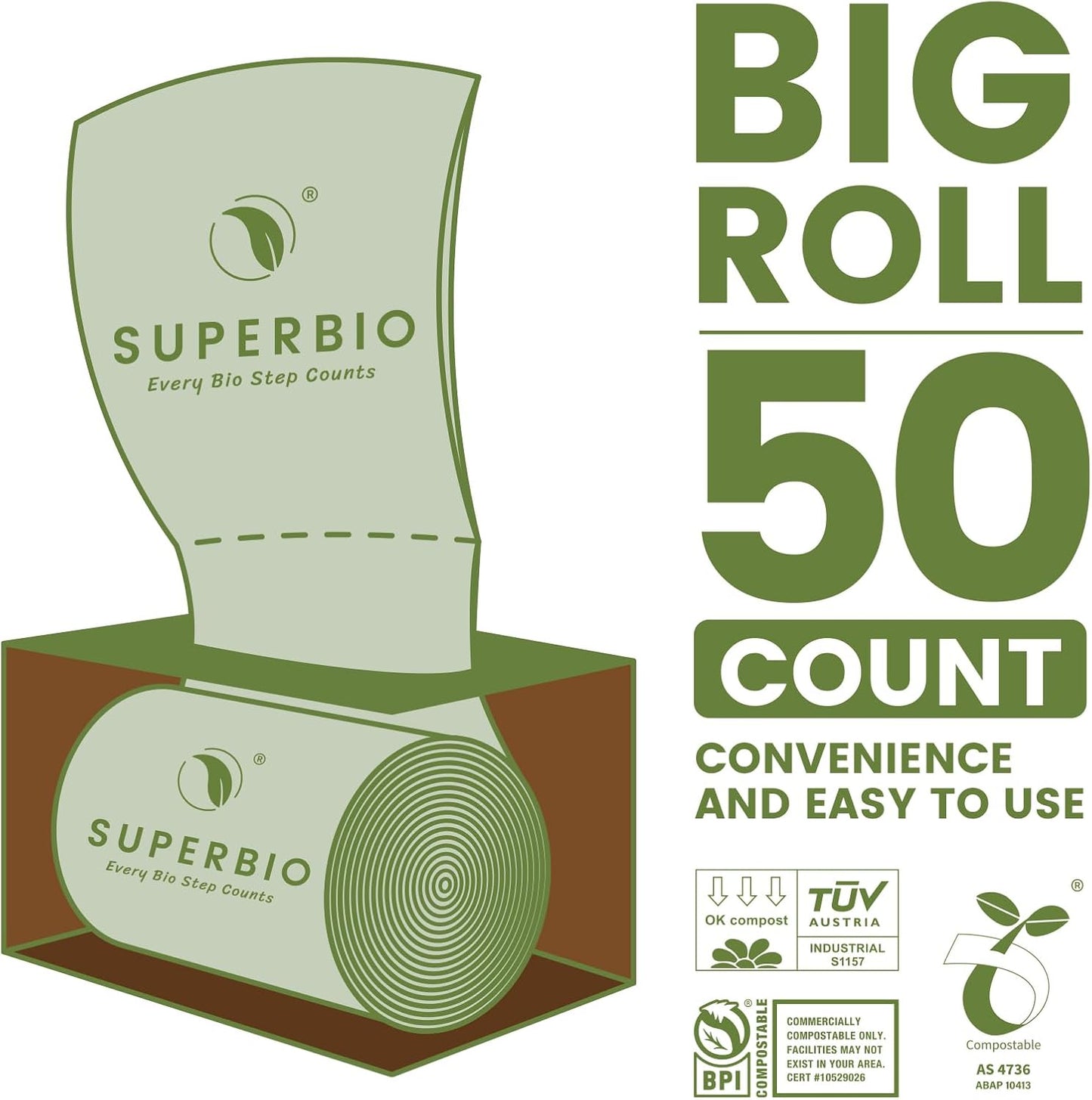 SUPERBIO 1.6 Gallon Handle Tie Compostable Food Scrap Bags For Counter Top Compost Bin, Small Compost Bags, 50 Count, 6 Liter, BPI & OK compost INDUSTRIAL Certified