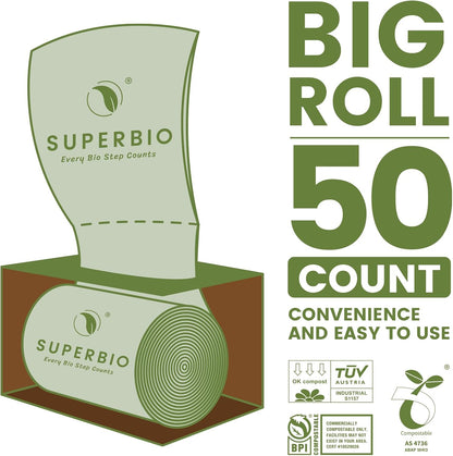 SUPERBIO 1.6 Gallon Handle Tie Compostable Food Scrap Bags For Counter Top Compost Bin, Small Compost Bags, 50 Count, 6 Liter, BPI & OK compost INDUSTRIAL Certified