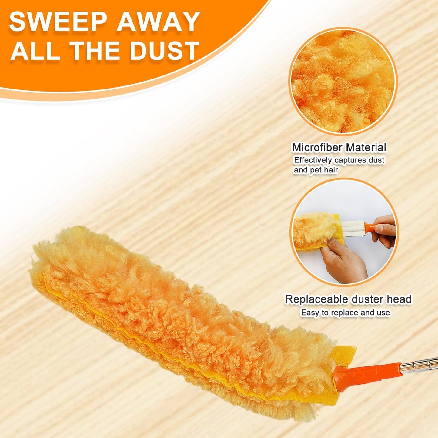 100" Reachable Microfiber Feather Duster, Duster with Extension Pole, 3 pcs Replacement Duster Head, Cleaning Tools for High Ceilings and Fans, Blinds, Cars and Furniture