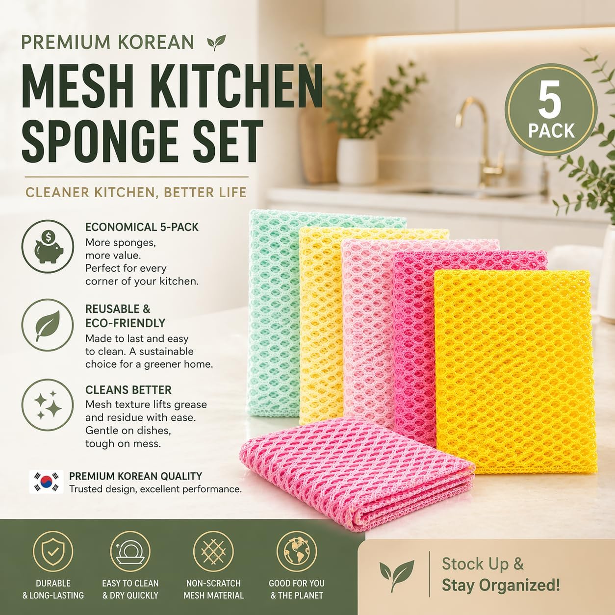OliviaTree Dish Scrubber 5 Pack, Non Scratch Reusable Mesh Scrub Cloth for Washing Dishes Pots Pans Sink, Quick Dry Odor Resistant Sponge Alternative, Korean Kitchen Cleaning Pad 11 x 11 Inch