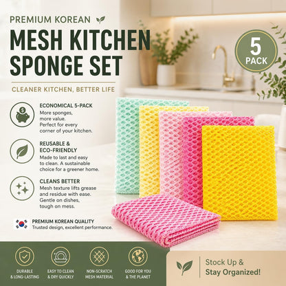 OliviaTree Dish Scrubber 5 Pack, Non Scratch Reusable Mesh Scrub Cloth for Washing Dishes Pots Pans Sink, Quick Dry Odor Resistant Sponge Alternative, Korean Kitchen Cleaning Pad 11 x 11 Inch
