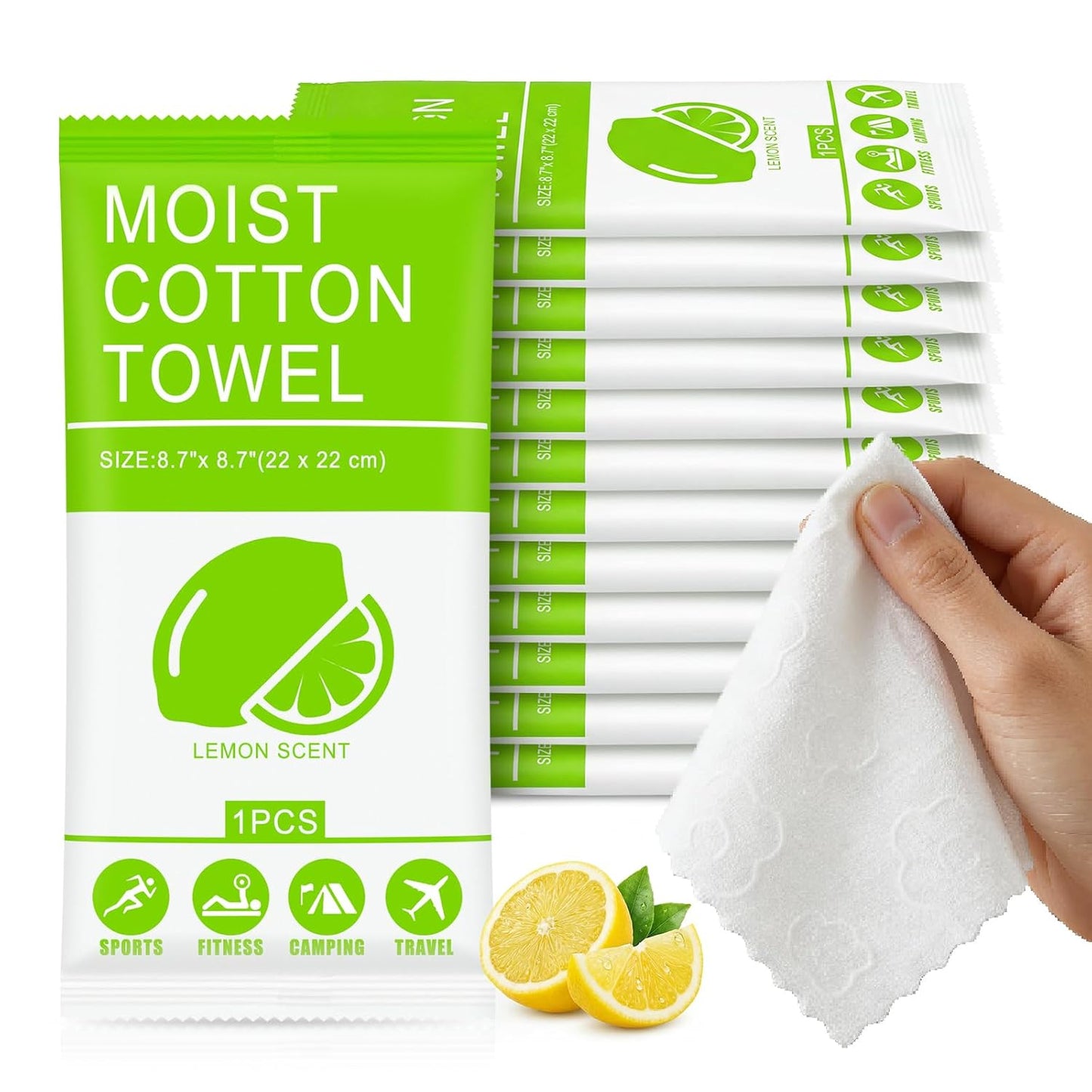 Body Wash Towelettes Scented Lemon Moist Cotton Towel 8.66''x8.66'' Deodorant Wipes Travel Size Individually Wrapped Bulk for Hiking Gym Camping Outdoor Sports (100 Pack)