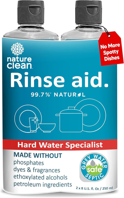 Nature Clean All Natural Dishwasher Rinse Aid Cleaner, Liquid Dishwasher Rinse Agent Spot-Free Glass & Cutlery in Hard Water, Non-Toxic Dish Washer Drying Agent & Stain Remover, 8 oz/250ml, Pack of 1