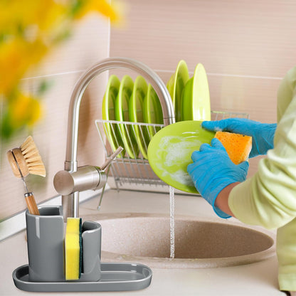Geelin 3 in 1 Ceramic Kitchen Sink Caddy Dish Sponge Holder Scrub Brush Holder and Soap Tray for Kitchen Organizer White Rustic Farmhouse Supplies(White)