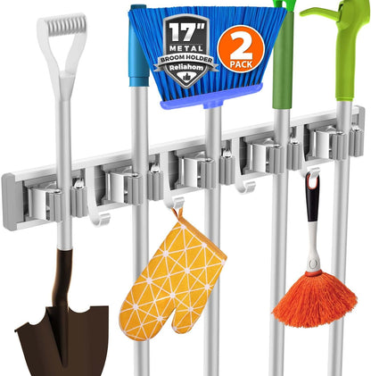 reliahom Adjustable Broom Holder Wall Mount, Mop Storage Tool Racks, Broom Hanger Tool Organizer for Garage, Kitchen, Garden, Laundry Room, 4 Racks 5 Hooks Silver