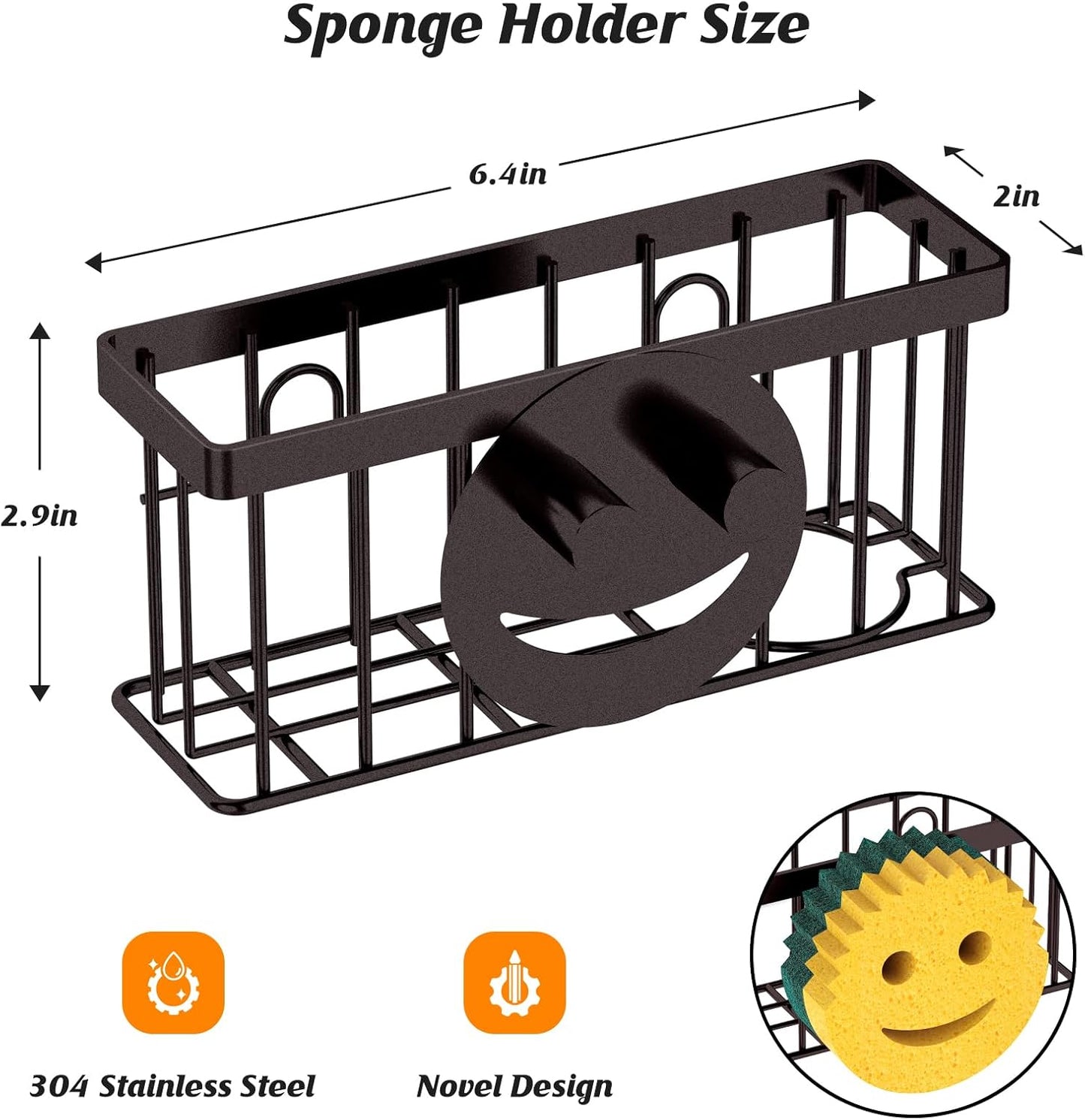 MURLONG Sponge Holder Smiley Face, Sink Caddy for kitchen Sink, Kitchen Organizer Sponge Holder with 2 PCS Suction Cups/1 PCS Adhesive Strips, Designed for Sponge, Soap, Dish brush, Scrubber-Black