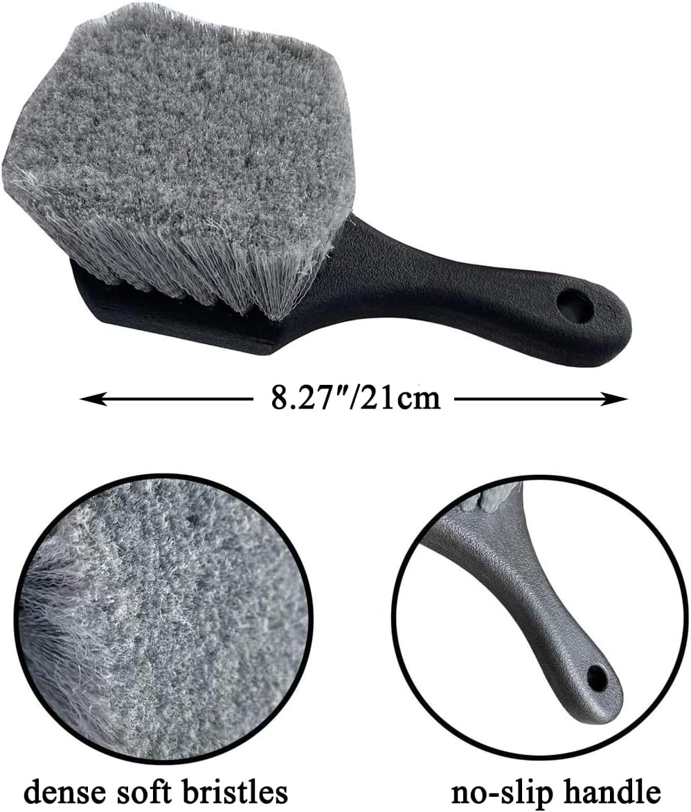 5PCS Car Wheel Cleaning Kit, Motorcycle or Bicycle Tire Brush Washing Tool Kit: Tyre Brush, Rim Brush, Detailing Brush, Washing/Drying Towel, Protective Gloves
