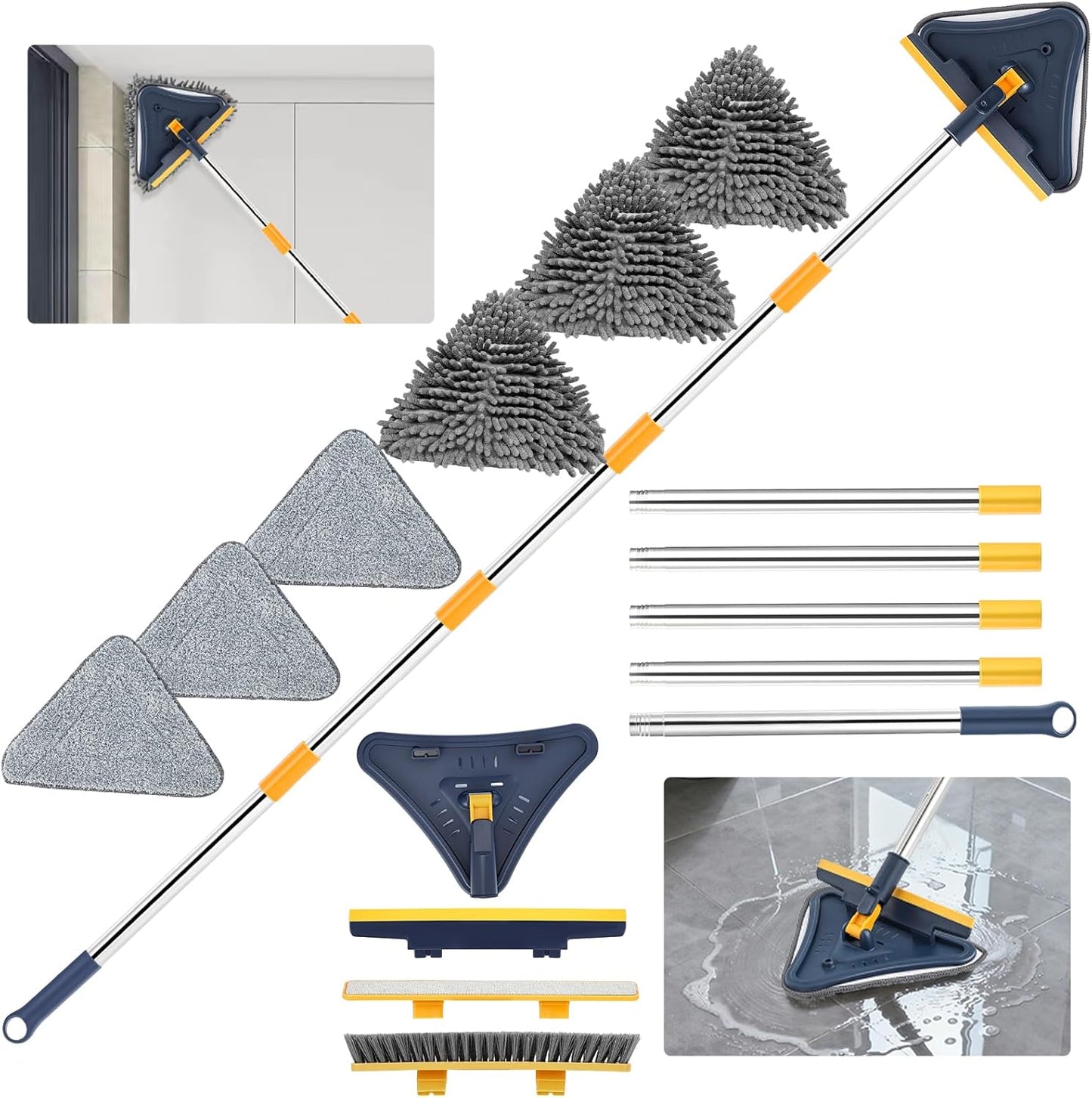 Base Board Cleaner Tool with Handle, 360 Rotating Wall Cleaner Mop, 180 Folding Ceiling Tool Duster with Squeegee for Cleaning Wall, Ceiling, Window, Floor, 8 Replacement Cleaning Pads