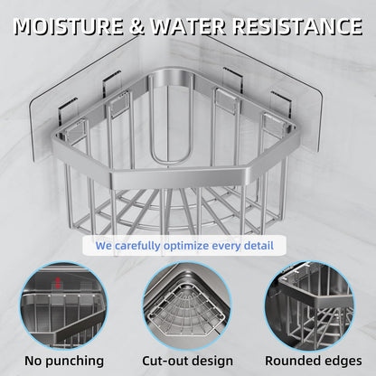 Wall Mounted Sink Caddy Organizer, Carbon Steel Kitchen Sponge Holder with 2 Adhesive Hooks, Triangular Drain Rack, 5.27x5.27x3.54 Inch (Grey)