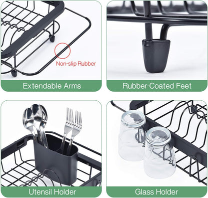 TOOLF Expandable Sink Caddy with Dish Towel Bar, Adjustable Over-The-Sink Organizer for Kitchen, Rustproof Sponge Holder and Drying Rack