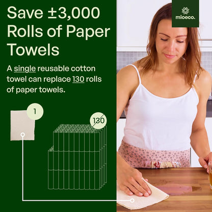 mioeco 20 Pack Reusable Kitchen Paper Towels Washable - Super Absorbent Natural unPaper Towels - Natural Cotton - Reusable, Paperless Kitchen Dish Cloths - 100% Organic